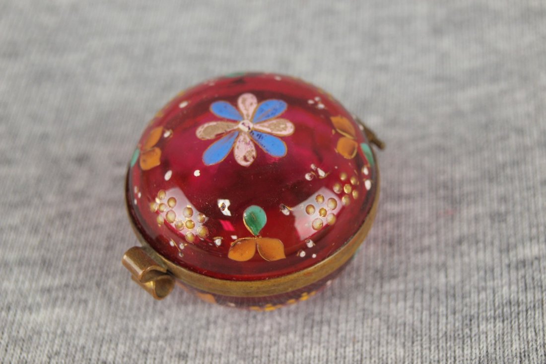 Moser cranberry enamel small patch box with hinged lid,: Moser cranberry enamel small patch box with hinged lid, 1 5/8"d, circa 1890