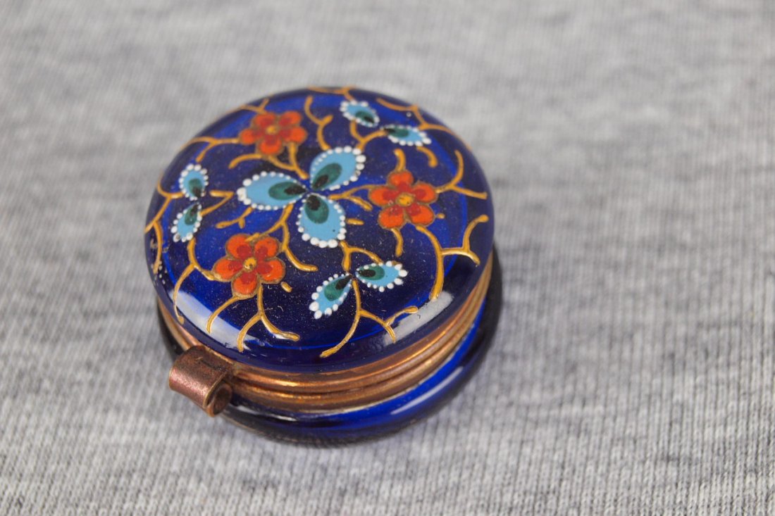 Moser cobalt enamel small patch box with hinged lid, 1: Moser cobalt enamel small patch box with hinged lid, 1 5/8"d, circa 1890