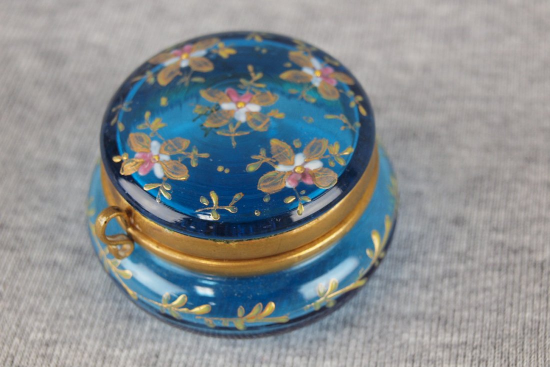 Moser cobalt enamel small patch box with hinged lid, 2: Moser cobalt enamel small patch box with hinged lid, 2 3/8"d, circa 1890