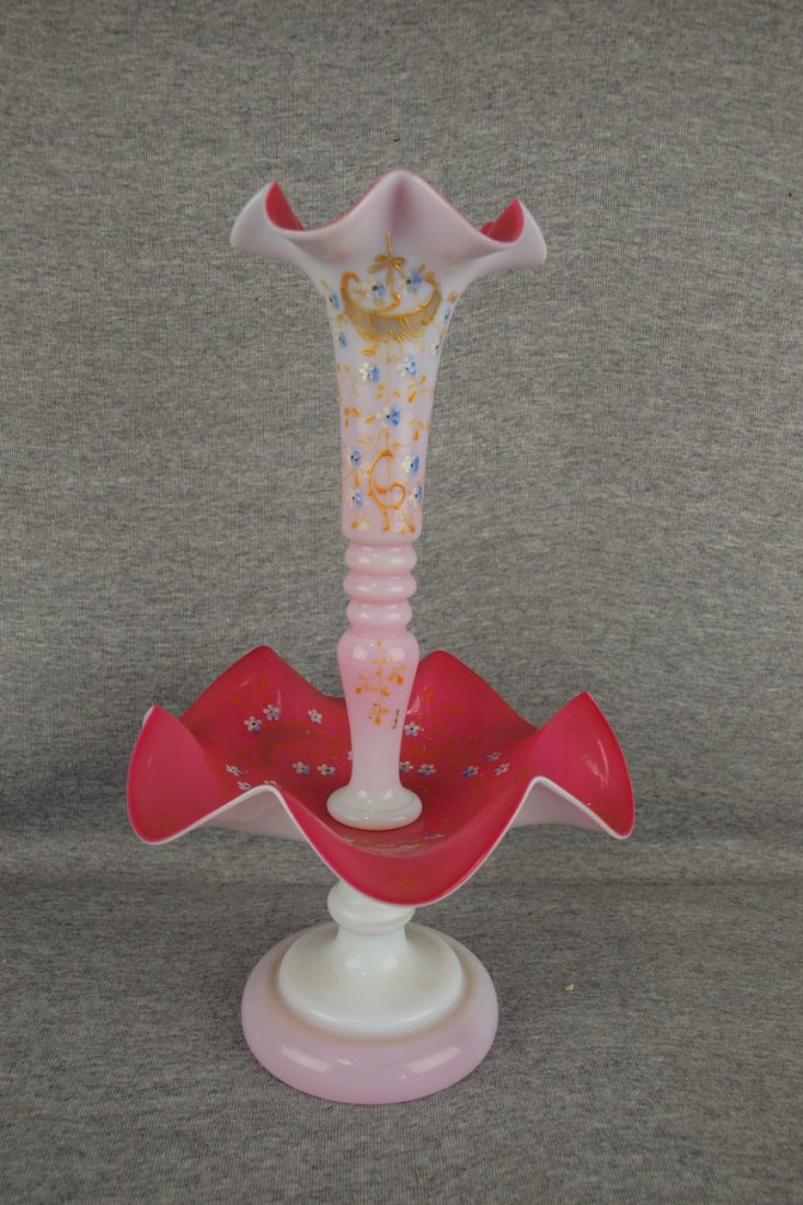 Pink cased Bristol glass 2 piece epergne with enamel,: Pink cased Bristol glass 2 piece epergne with enamel, 14 1/2"