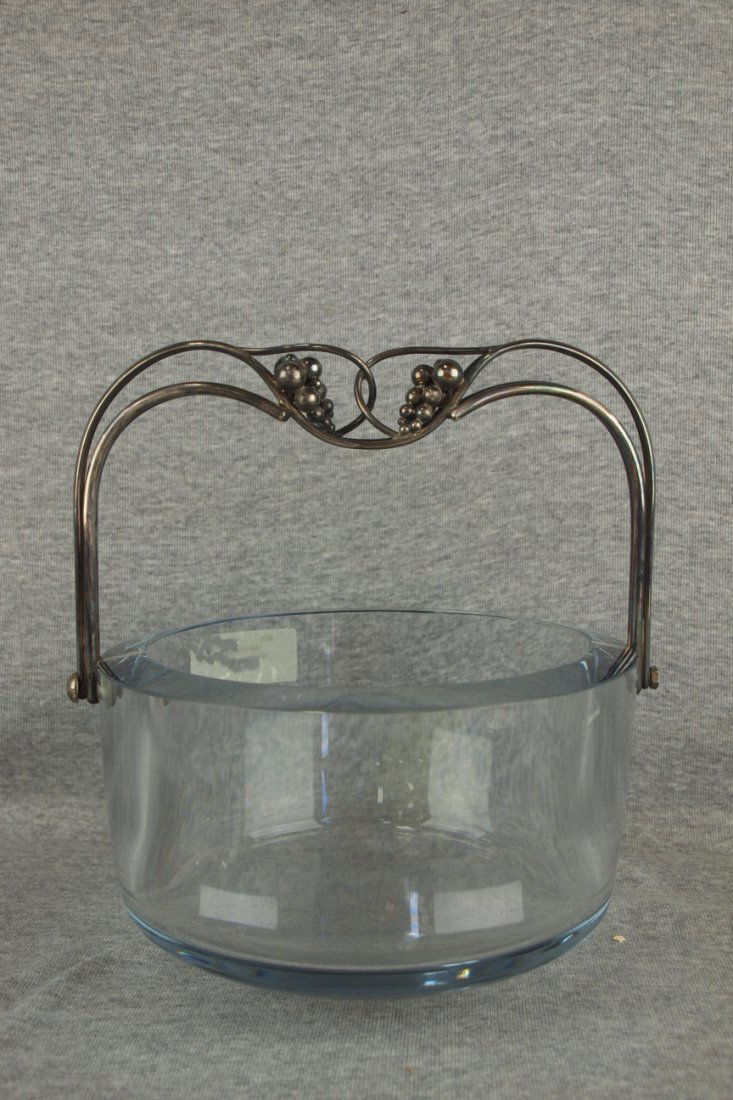 Danish Modern Holmegaard champaigne ice bucket with: Danish Modern Holmegaard champaigne ice bucket with heavy sterling silver handle, minor rim nick
