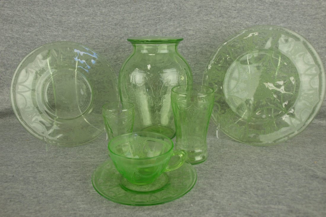Green depression glass Balerina (Cameo) group of 17: Green depression glass Balerina (Cameo) group of 17 pieces - plates - 10", 9 1/4" and 8 1/4", juice tumbler, water tumbler, 2-10 1/2" grill plates, covered dish base, 2 cups, 4 saucers and 8" vase