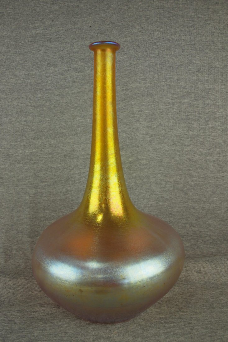 Durand gold iridescent rare stick bottle vase, 15 1/2": Durand gold iridescent rare stick bottle vase, 15 1/2"