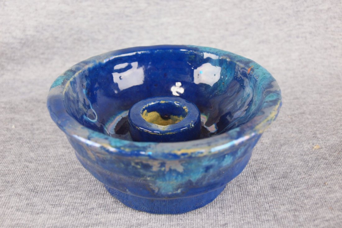 Rare Pewabic pottery iridized blue and silver candle: Rare Pewabic pottery iridized blue and silver candle holder with circular mark, 5 1/2"d