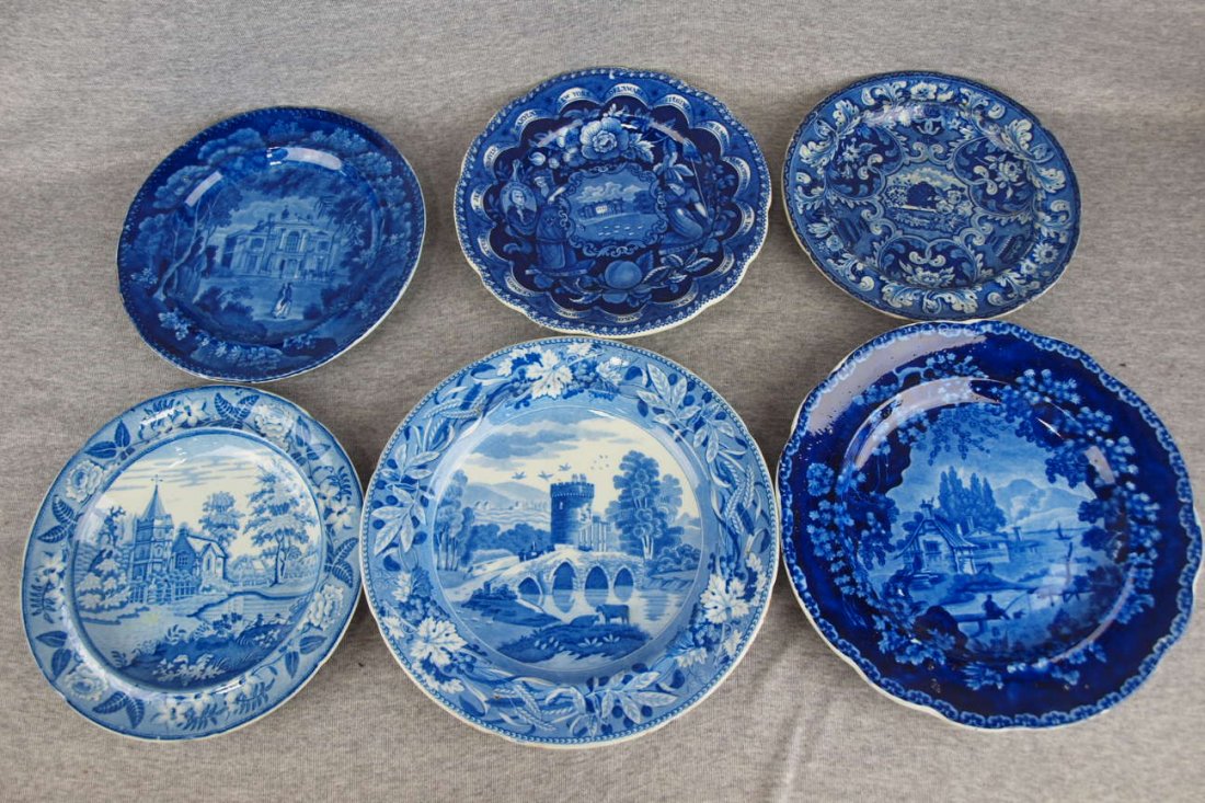 Blue and white Historical Staffordshire lot of 6 plates: Blue and white Historical Staffordshire lot of 6 plates - The Villain Regents Park, States, Stevens & Williams, Country Church and Lucano