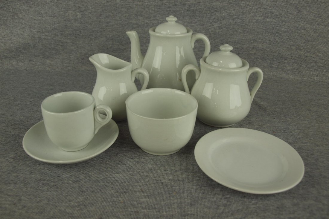 White ironstone child's teaset service for 6, teapot,: White ironstone child's teaset service for 6, teapot, cream, sugar, spooner, 6 plates and 6 cups/saucers
