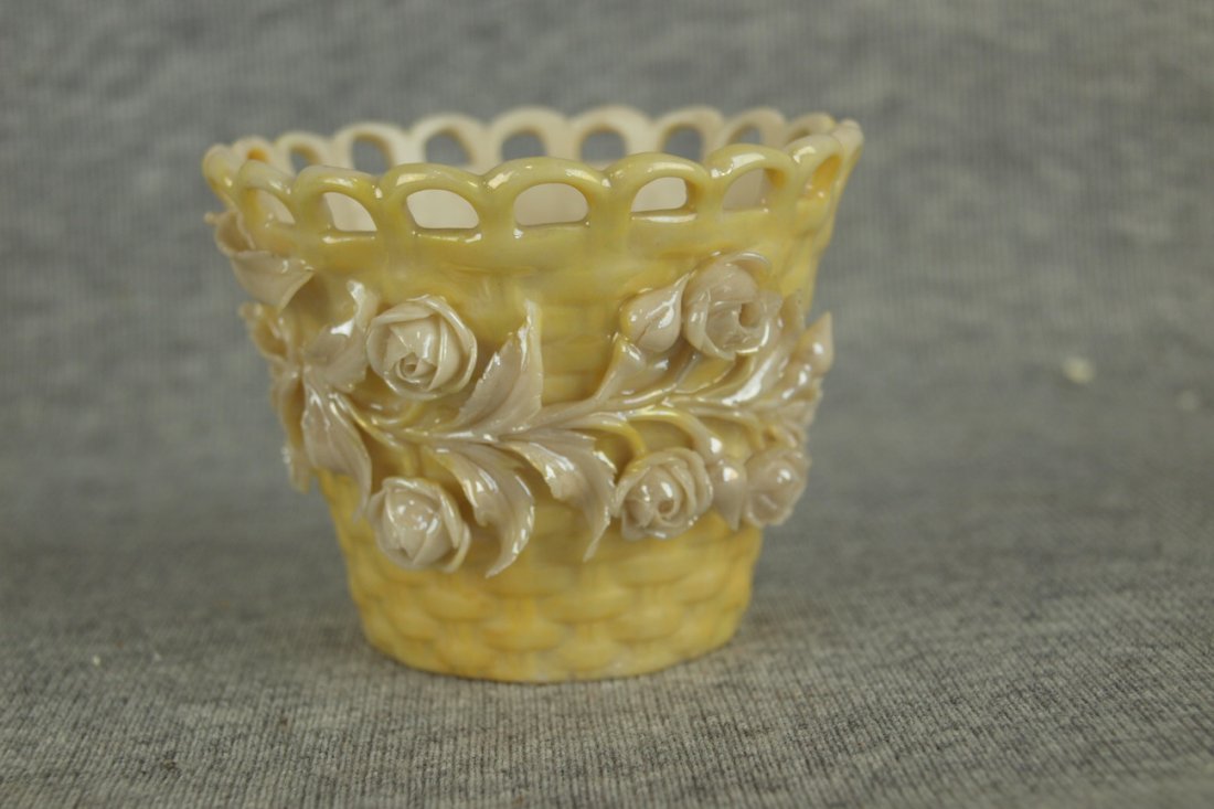 Early Irish Belleek small basket flower pot with: Early Irish Belleek small basket flower pot with applied flowers, 2", black mark