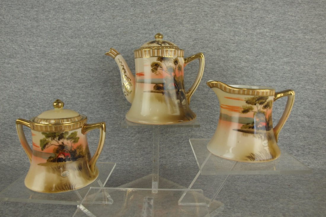 Nippon 3 piece teaset with swans in lake: Nippon 3 piece teaset with swans in lake
