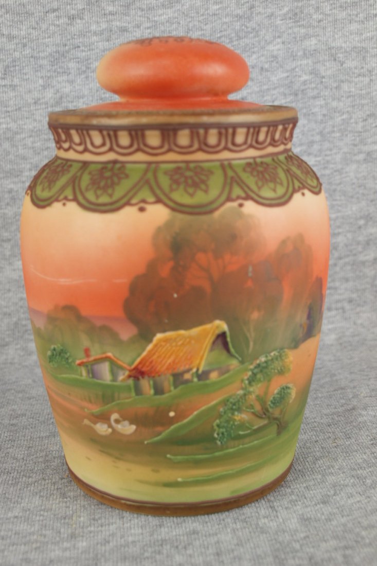 Nippon humidor with enamel cottage and swans, 7": Nippon humidor with enamel cottage and swans, 7"