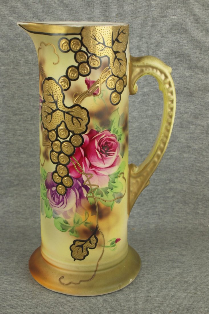 Nippon tankard with painted roses and heavy gold: Nippon tankard with painted roses and heavy gold grapes, 12"