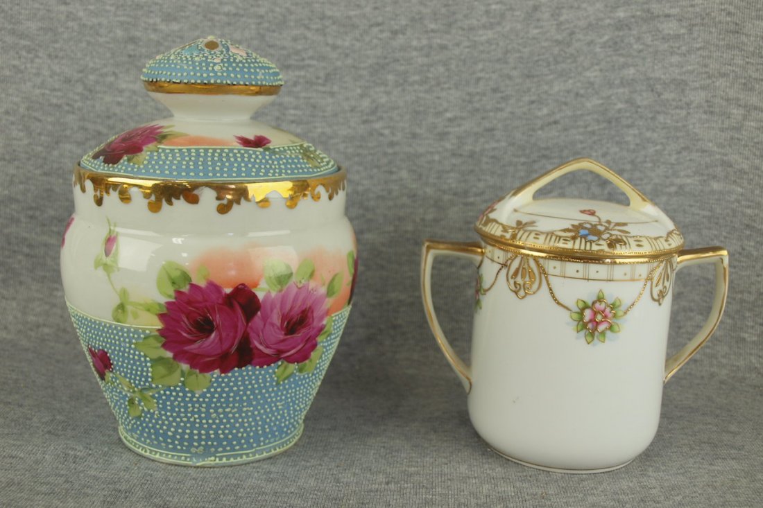 Nippon Morige beaded rose humidor (unsigned) and: Nippon Morige beaded rose humidor (unsigned) and condensed milk jar