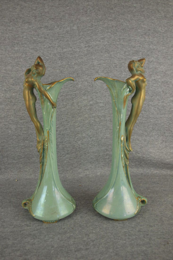 Amphora pair of Art Noveau ewers with nude lady: Amphora pair of Art Noveau ewers with nude lady handles, 12 1/2"
