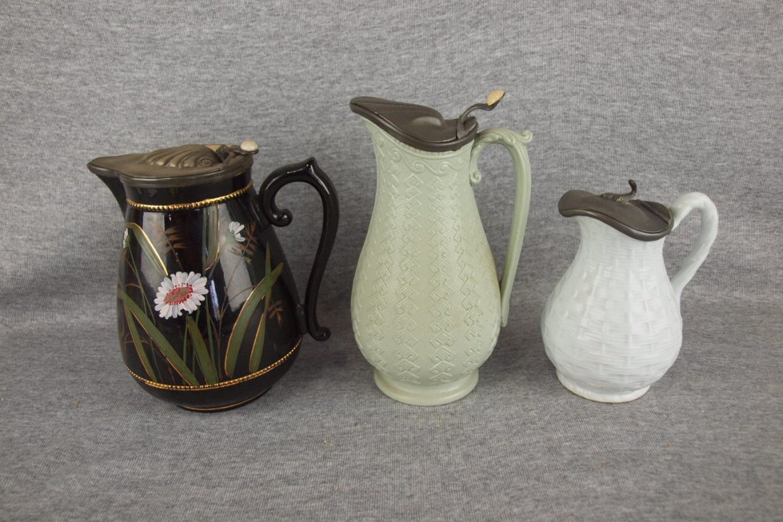 Lot of 3 pewter top English syrup pitchers, Jackfield &: Lot of 3 pewter top English syrup pitchers, Jackfield & Daisy, Dudson Argyle and ironstone