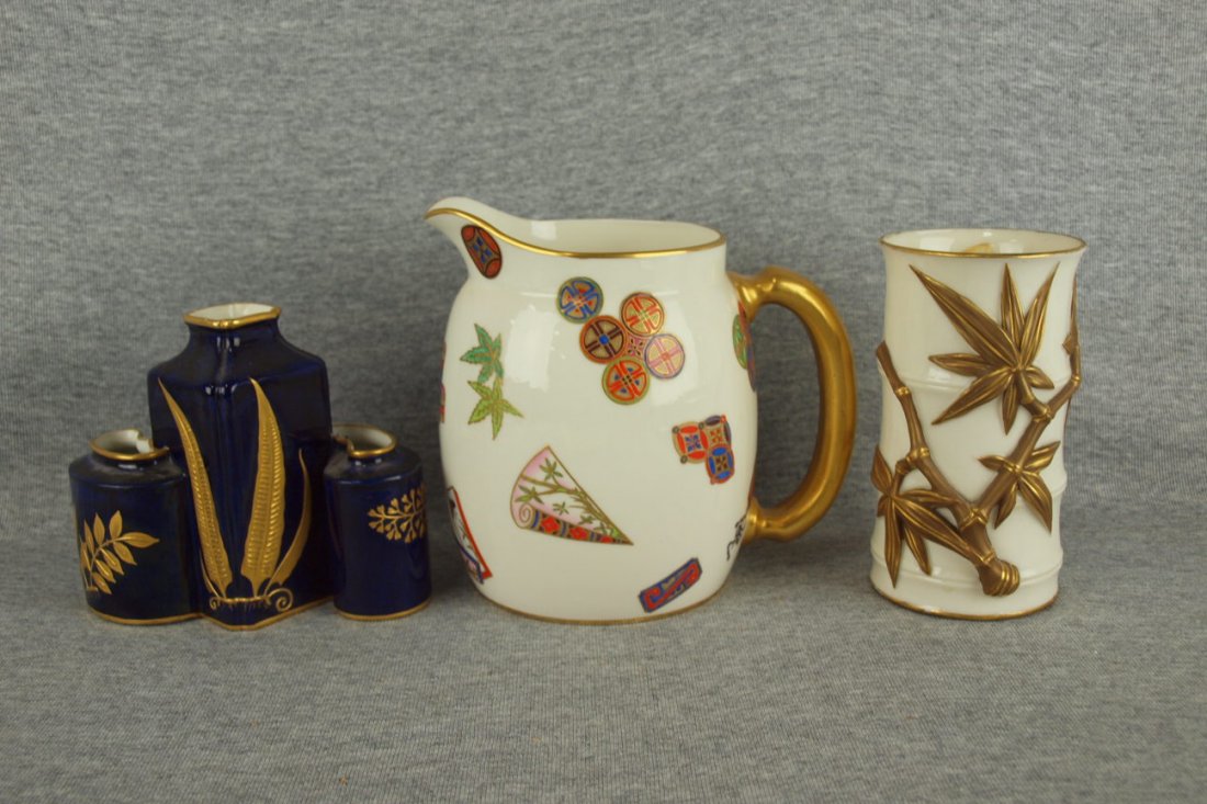 Royal Worcester lot of 3 pieces - triple hold vase,: Royal Worcester lot of 3 pieces - triple hold vase, cobalt with heavy gold ferns, 5"; pitcher with Oriental motif 6 1/2" and bamboo vase 6"