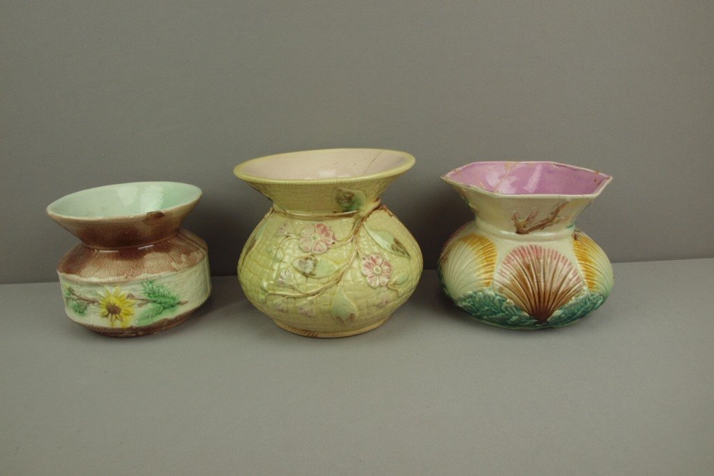 Majolica lot of 3 spittoons, various condition: Majolica lot of 3 spittoons, various condition