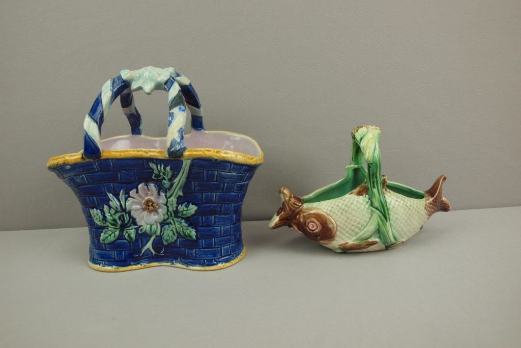 Majolica lot of 2 baskets, both with handle repair: Majolica lot of 2 baskets, both with handle repair