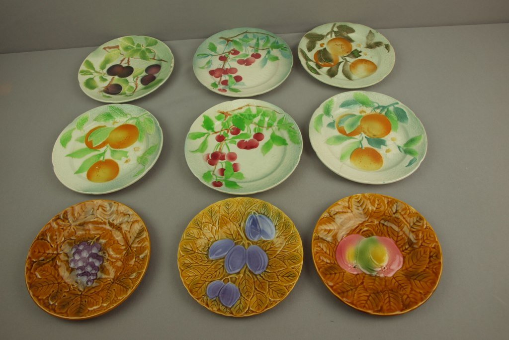 St. Clement set of 6 majolica fruit plates and set of 3: St. Clement set of 6 majolica fruit plates and set of 3 Sarreguemines majolica fruit plates