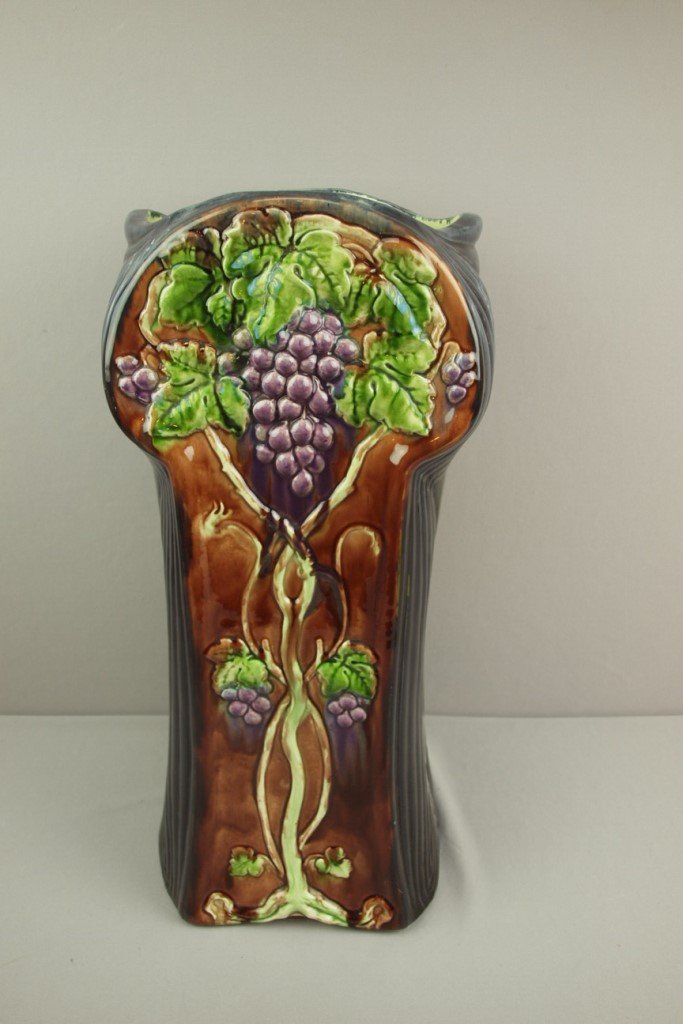 Majolica Art Noveau umbrella stand with grapes, 23": Majolica Art Noveau umbrella stand with grapes, 23"