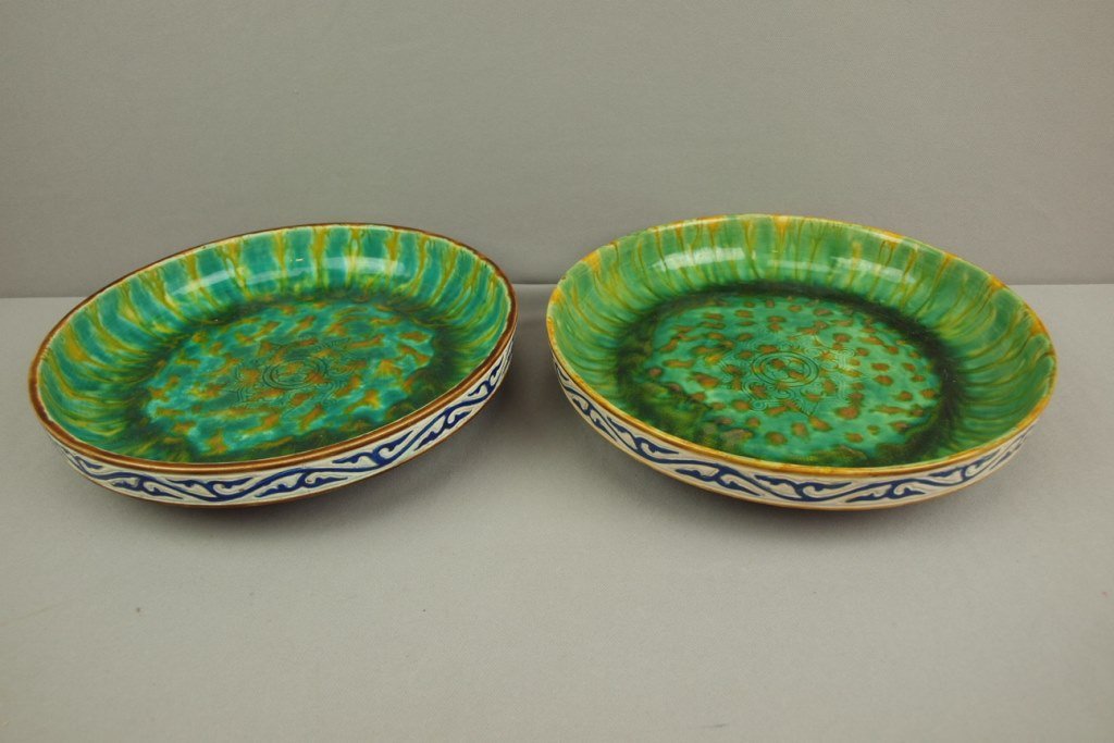 MINTON majolica pair of jardiniere stands, shape no.: MINTON majolica pair of jardiniere stands, shape no. 617, chips to base rim of one, 11 1/2"d
