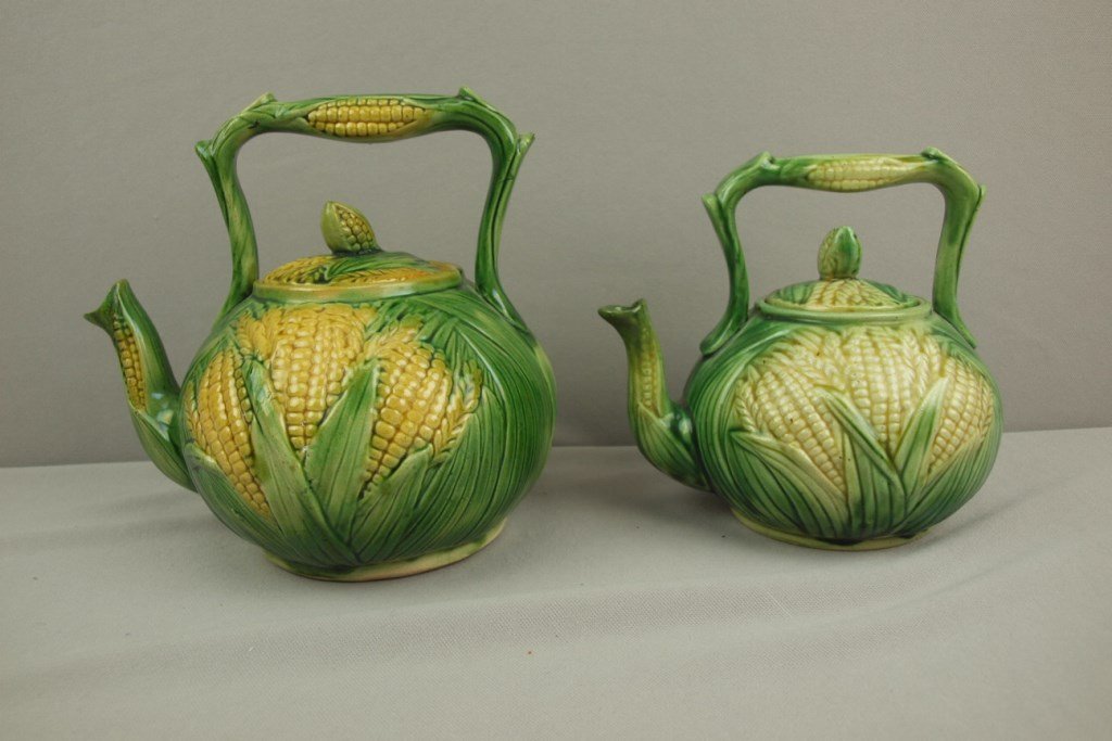 Majolica lot of 2 corn pattern teakettles, both with: Majolica lot of 2 corn pattern teakettles, both with damage