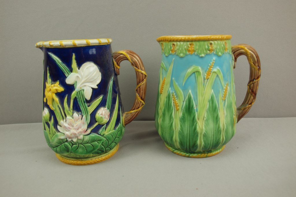 GEORGE JONES lot of 2 pitcher - turquose wheat and: GEORGE JONES lot of 2 pitcher - turquose wheat and cobalt water lily & iris, both with damage