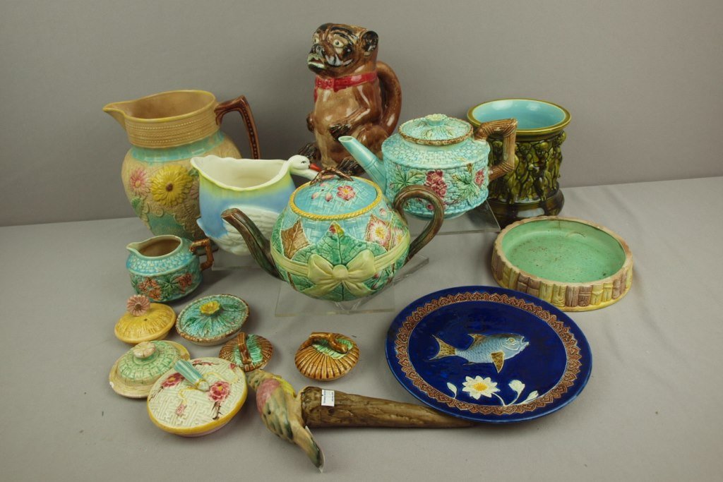 Majolica lot of 16 assorted pieces - pitchers, teapots,: Majolica lot of 16 assorted pieces - pitchers, teapots, plate, lids and more, various condition