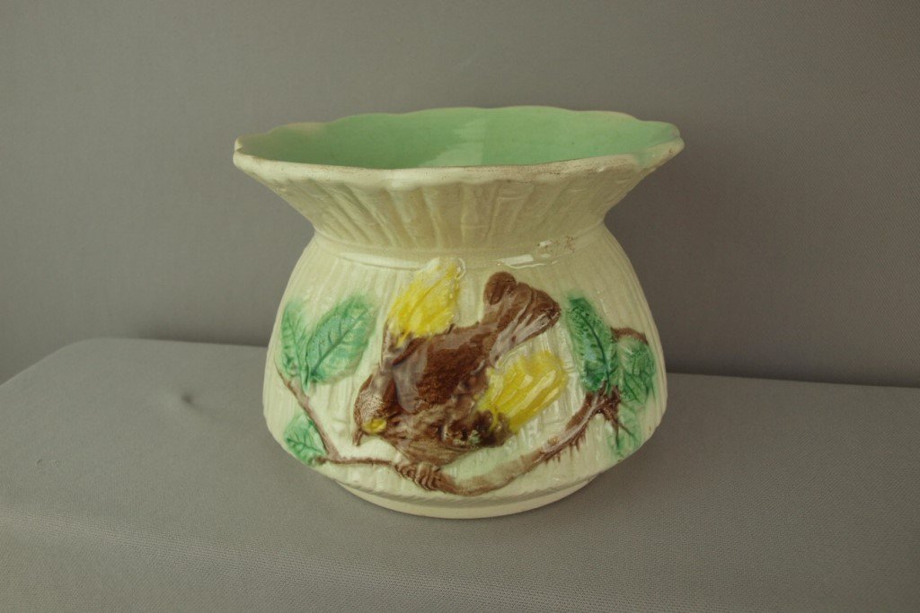 Majolica bamboo and floral spittoon, 5 1/2": Majolica bamboo and floral spittoon, 5 1/2"