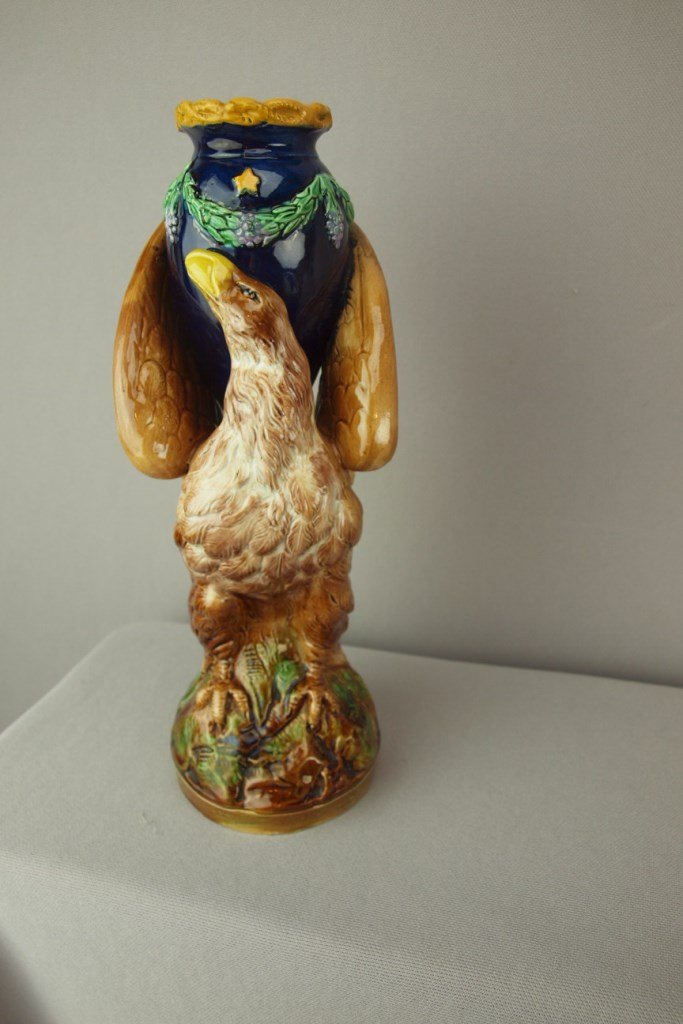 GEORGE JONES majolica figural eagle vase, 9 1/2" rare: GEORGE JONES majolica figural eagle vase, 9 1/2" rare form, professional rim and wing tip repair