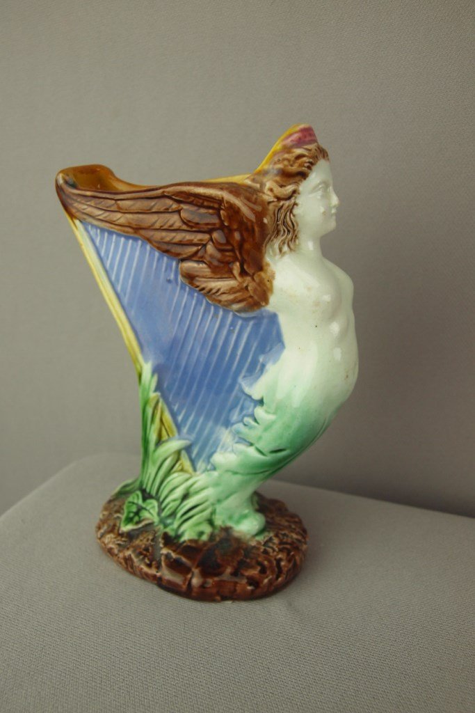 Majolica winged angel and harp figural vase, 6",: Majolica winged angel and harp figural vase, 6", professional rim repair