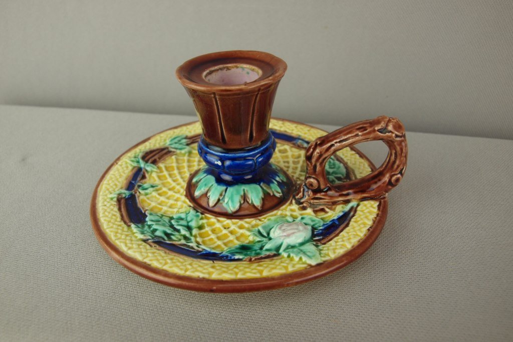 Majolica wild rose and trellis chamber candle holder,: Majolica wild rose and trellis chamber candle holder, hairline, nice color