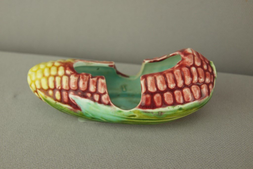 Continental majolica ear of corn toothpick holder, 5": Continental majolica ear of corn toothpick holder, 5"