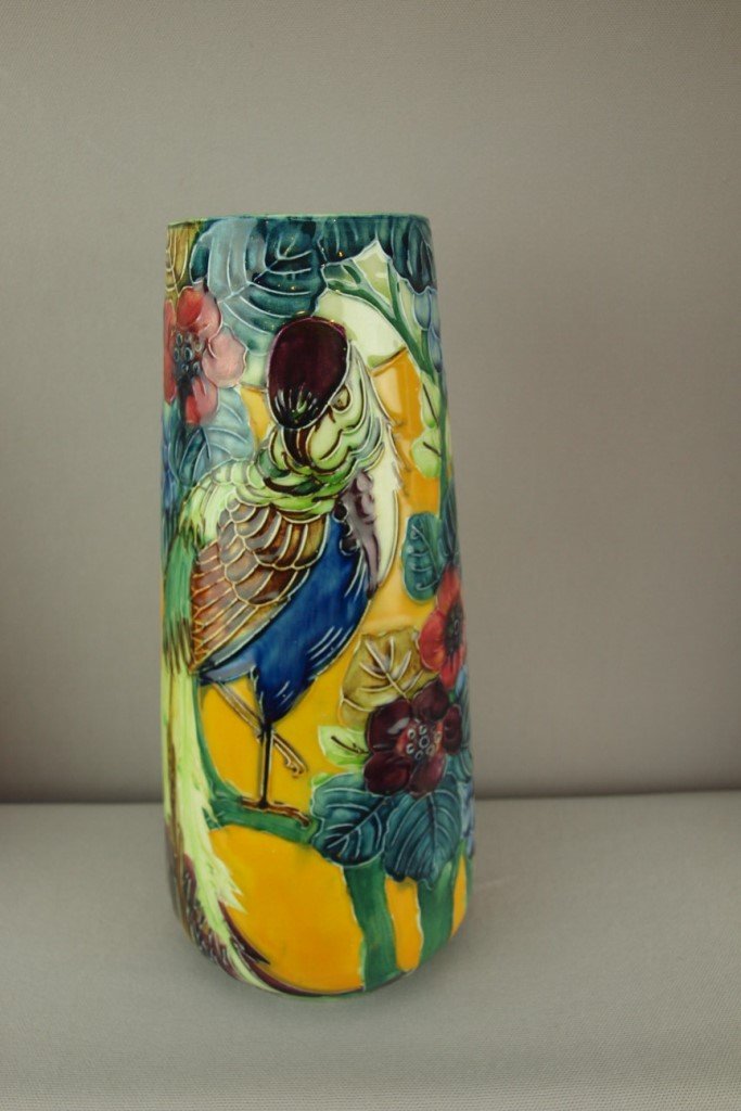 English Trogon Ware parrot and floral vase, 11 1/2": English Trogon Ware parrot and floral vase, 11 1/2"