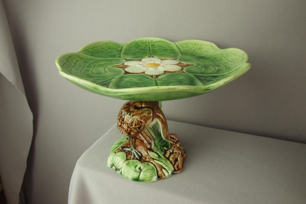 Majolica pond lily cake stand with stork on base, 10"d,: Majolica pond lily cake stand with stork on base, 10"d, 6"h