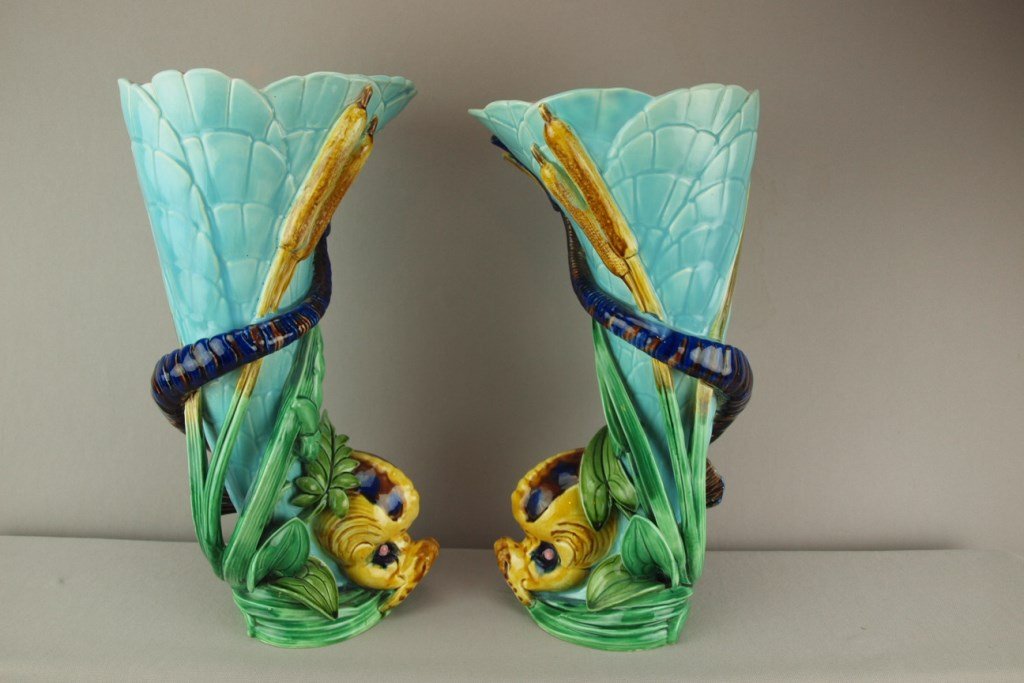 SARREGUEMINES majolica pair of dolphin and cattail: SARREGUEMINES majolica pair of dolphin and cattail figural vases, 14 1/2"h, professional restoration