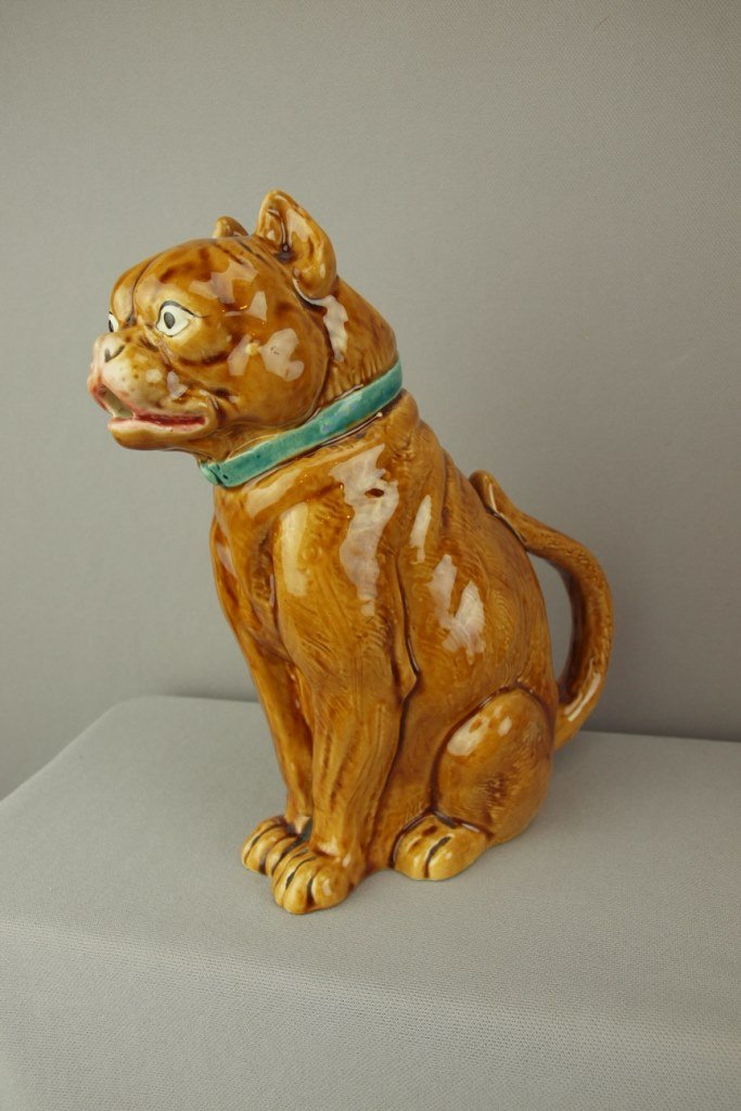 George Dreyfus rare bulldog figural majolica pitcher, 8: George Dreyfus rare bulldog figural majolica pitcher, 8 3/4"