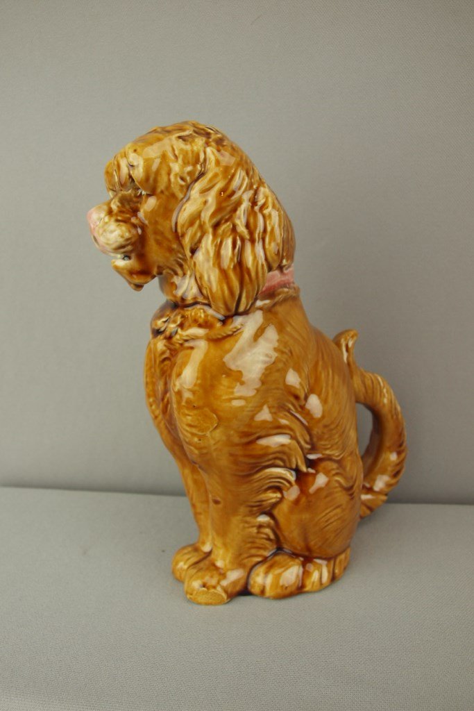 George Dreyfus majolica brown figural dog pitcher, 8: George Dreyfus majolica brown figural dog pitcher, 8 1/2"