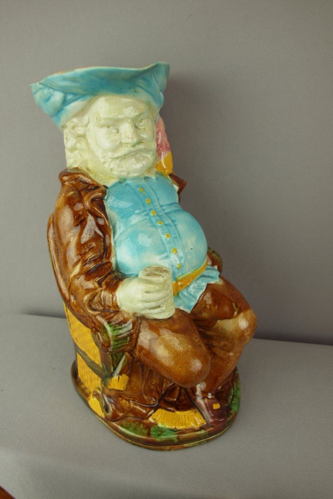 Edward Steele majolica "Falstaff" figural pitcher, ref:: Edward Steele majolica "Falstaff" figural pitcher, ref: Cunningham p. 48, professaional repair to spout and base rim