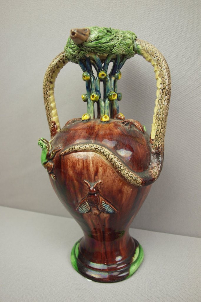 Portual Palissy Ware majolica puzzle vase with snake: Portual Palissy Ware majolica puzzle vase with snake handles and applies frogs and fly, 13"