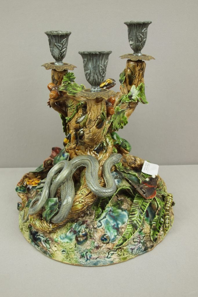 Geoffrey Luff contemporary Palissy 3 lite candleabra: Geoffrey Luff contemporary Palissy 3 lite candleabra with snake, lizard, insects, frog, leaves and ferns surrounding tree stump, 11 1/2"h