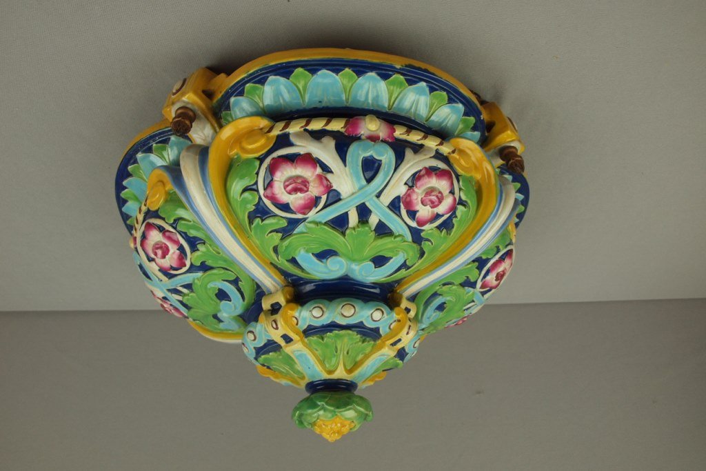 Majolica cobalt floral hanging jardiniere, professional: Majolica cobalt floral hanging jardiniere, professional rim repair, attributed to Minton, 14 1/2"d, 9"d