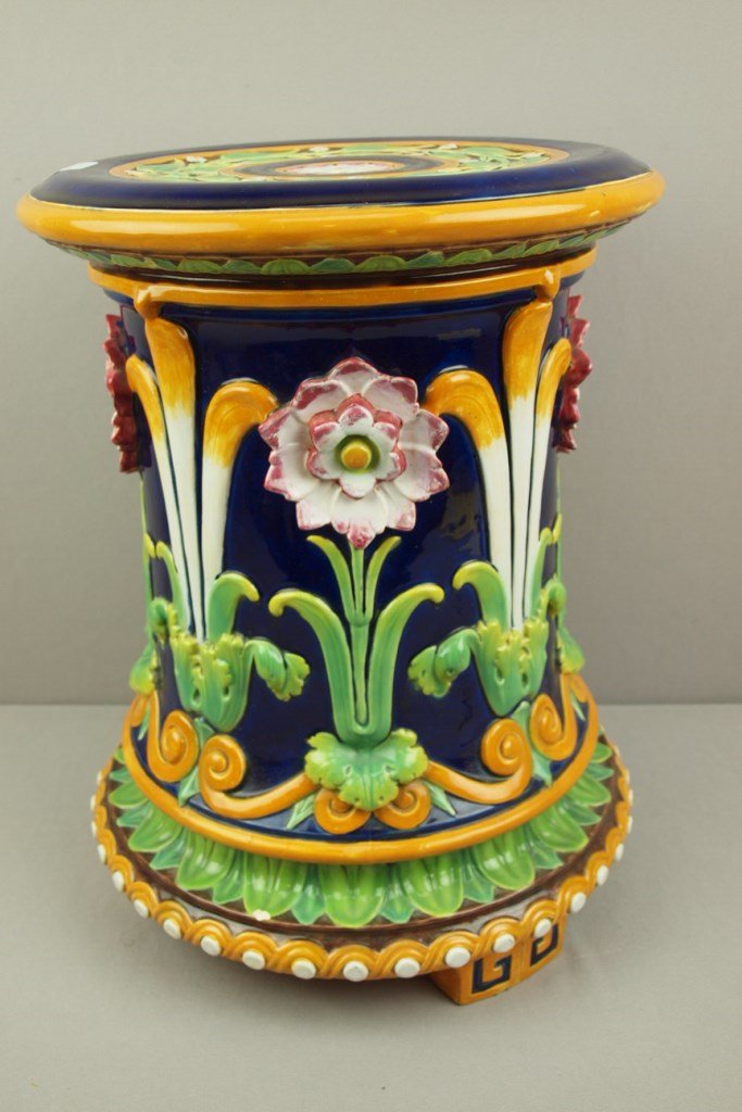MINTON majolica cobalt "Passion Flower" garden seat,: MINTON majolica cobalt "Passion Flower" garden seat, 19"h, shape no. 982, wear to seat