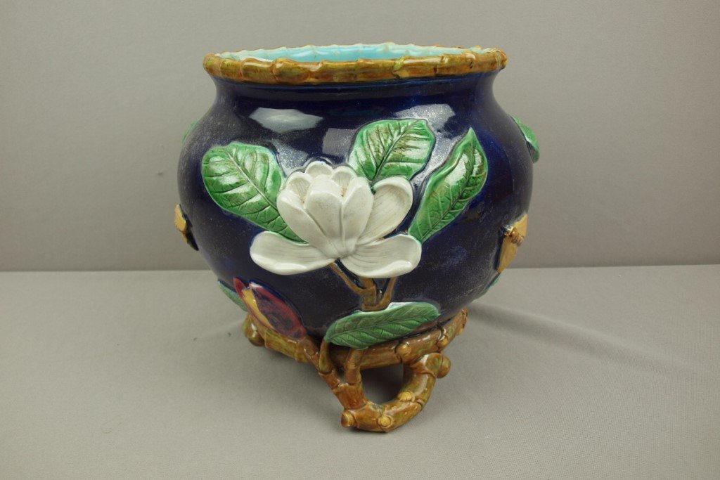GEORGE JONES cobalt water lily jardiniere with fly and: GEORGE JONES cobalt water lily jardiniere with fly and bamboo feet, old restorations, 11"h