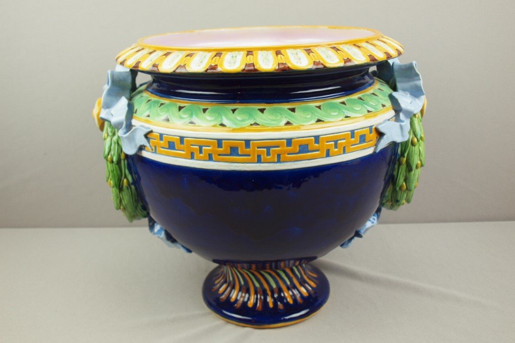 MINTON cobalt majolica jardiniere with wreath handles: MINTON cobalt majolica jardiniere with wreath handles and lavender ribbon, great color, 17"w, 14 1/2"h