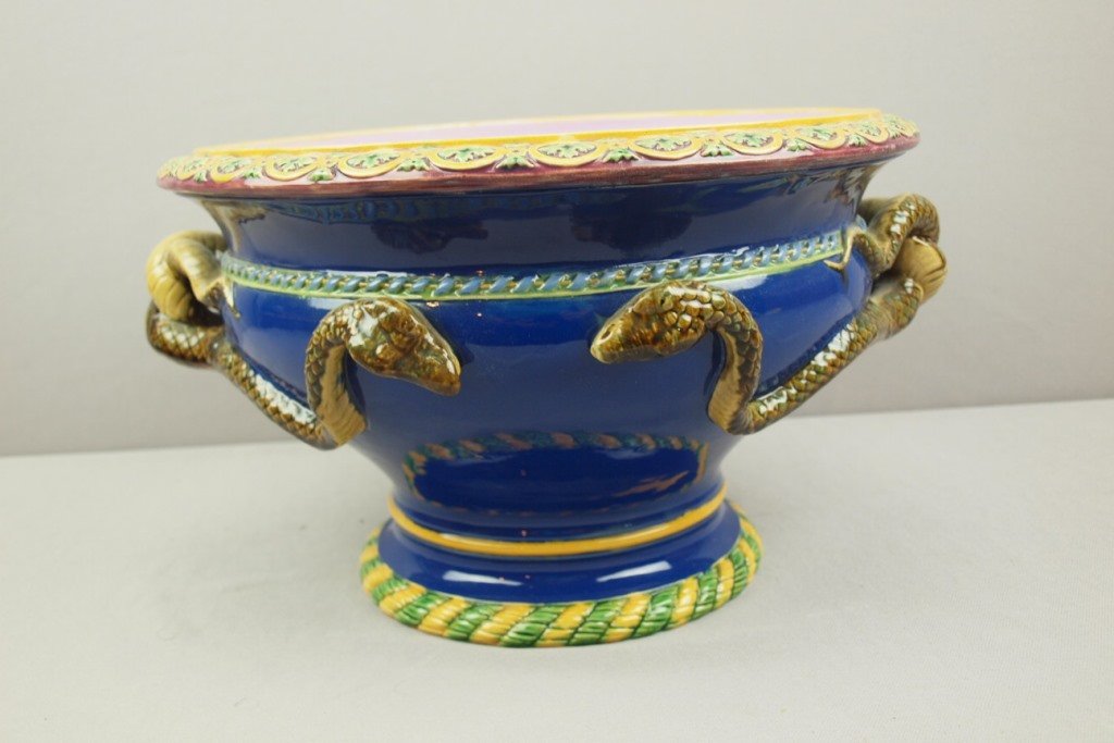 MINTON majolica cobalt jariniere with snake handles,: MINTON majolica cobalt jariniere with snake handles, professional repair to rim and heads of snakes, 8 1/2"h, 16"w