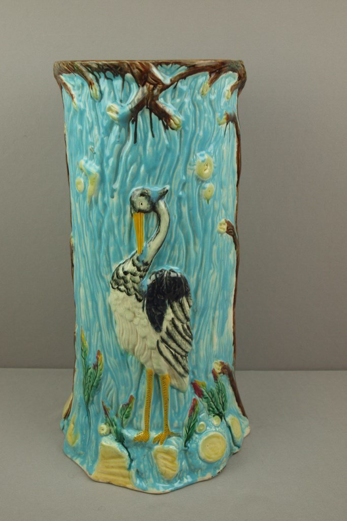 FIELDING majolica turquoise umbrella stand with: FIELDING majolica turquoise umbrella stand with different bird on each side, 22 1/2", signed Fielding on base