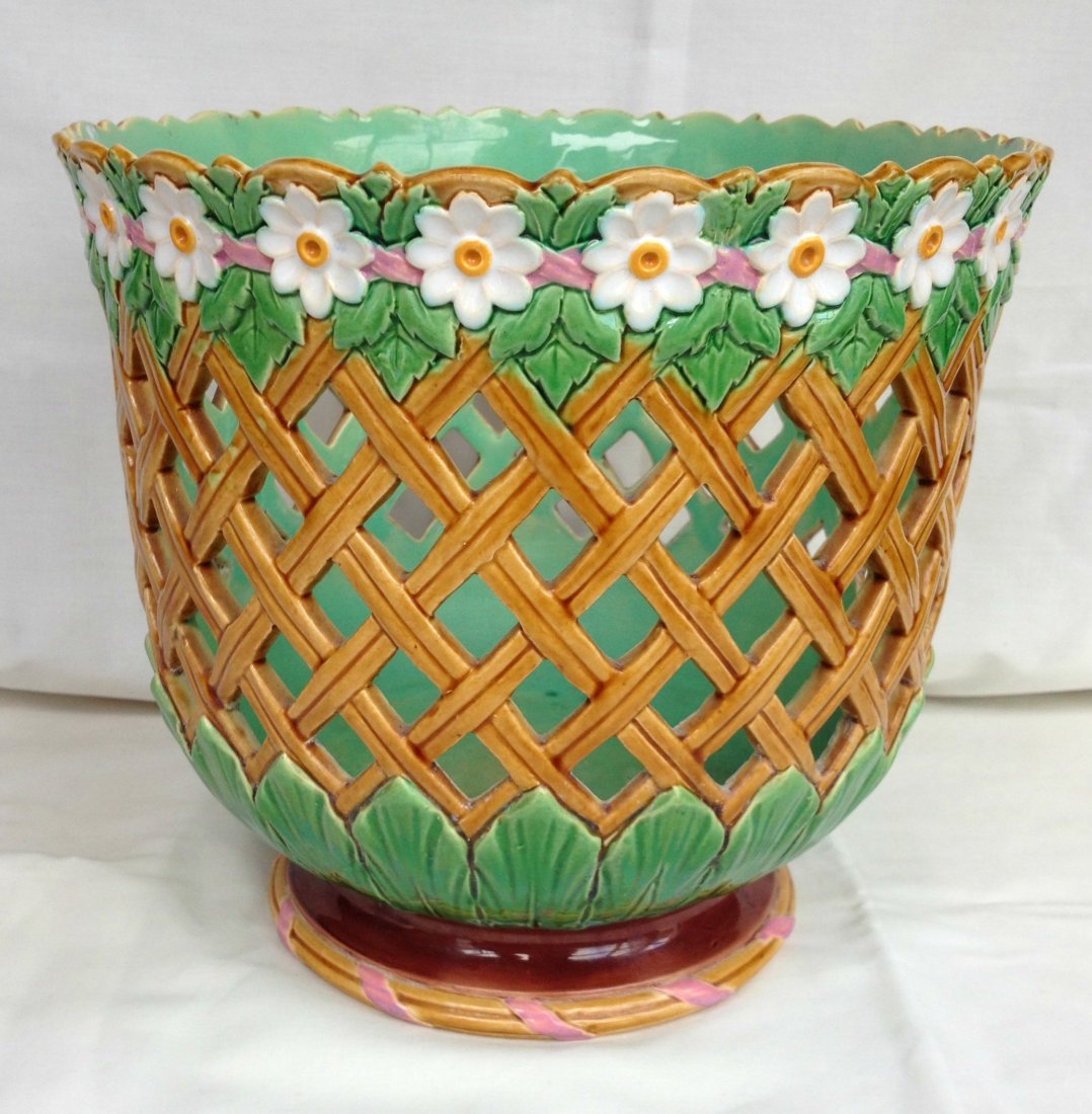 MINTON majolica pierced daisy head and trellis planter,: MINTON majolica pierced daisy head and trellis planter, rare form, circa 1875, 8", professional repair to lattice work