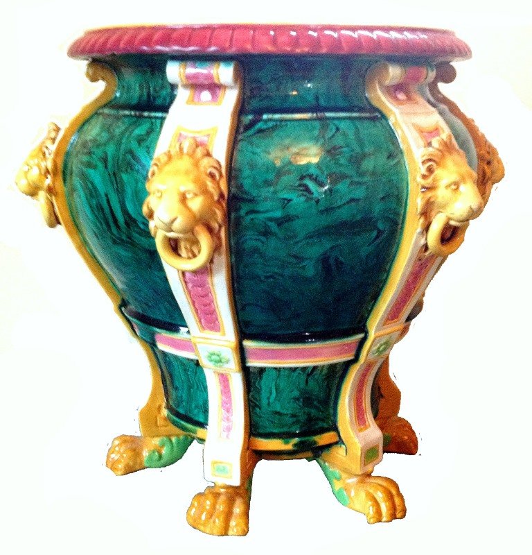 MINTON majolica malachite lions head footed jardiniere,: MINTON majolica malachite lions head footed jardiniere, 12 1/2", professional rim and foot repair