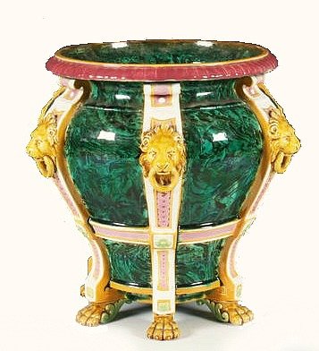 MINTON majolica malachite lions head footed jardiniere,: MINTON majolica malachite lions head footed jardiniere, 12 1/2", professional rim and foot repair