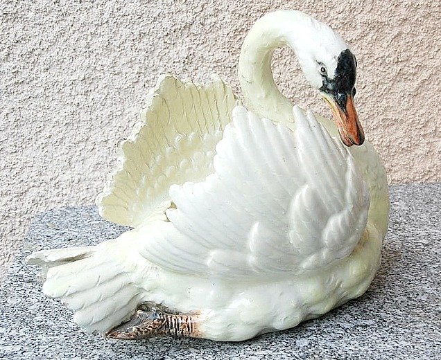 DELPHIN MASSIER lovely majolica open back swan planter,: DELPHIN MASSIER lovely majolica open back swan planter, circa 1880, 15"l, professional repair to foot and tail feathers