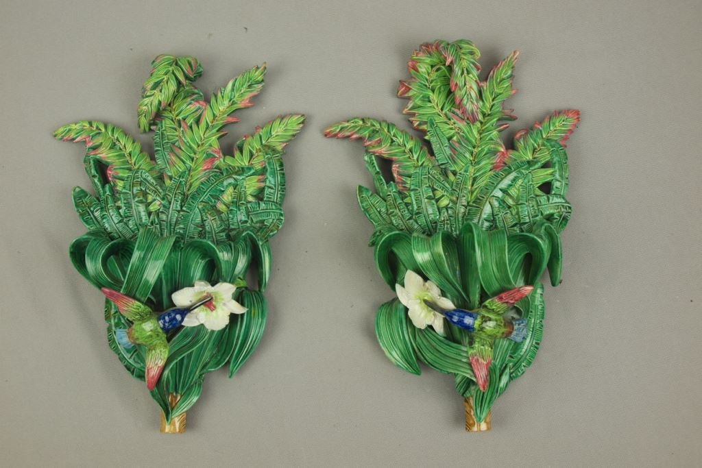 GEORGE JONES majolica matched pair of hummingbird wall: GEORGE JONES majolica matched pair of hummingbird wall pockets with honeysuckle flower, outstanding color and detail, professional repair to bird wing tips and one leaf, 13"